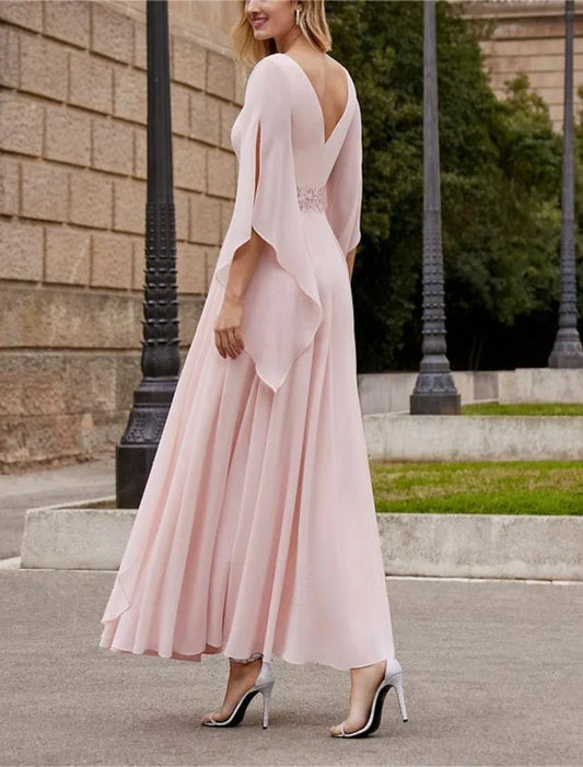 omberprom A-Line Mother of the Bride Dress Formal Wedding Guest Elegant Bateau Neck Ankle Length Chiffon 3/4 Length Sleeve with Beading
