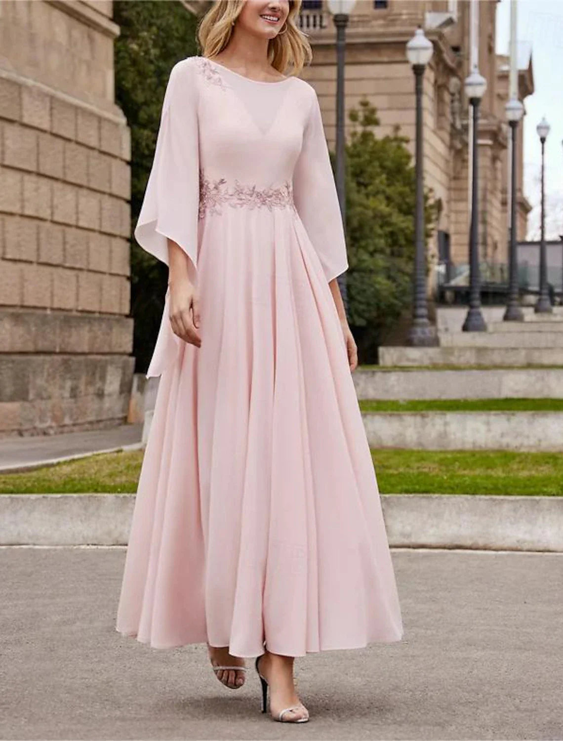 omberprom A-Line Mother of the Bride Dress Formal Wedding Guest Elegant Bateau Neck Ankle Length Chiffon 3/4 Length Sleeve with Beading