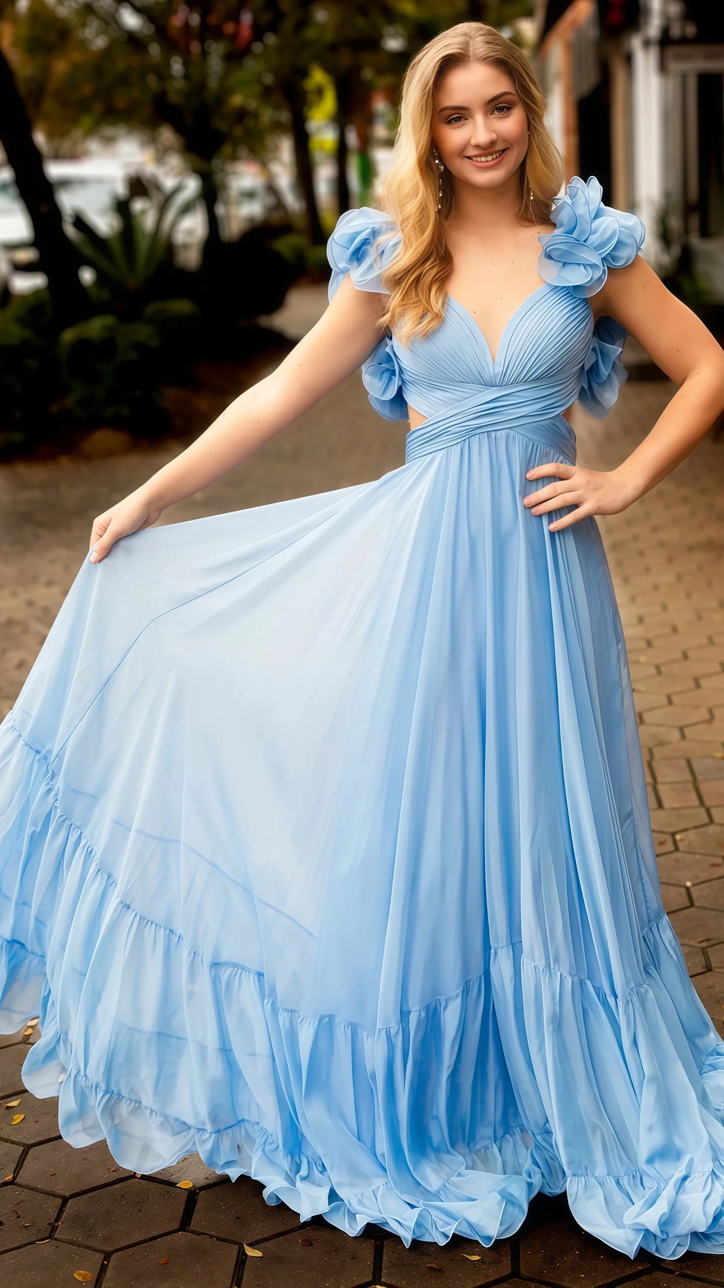 A-Line Orange Prom Dresses With Ruffle Cap Sleeves, V-Neck Senior Prom Dress,AST1647