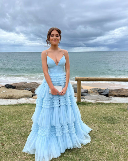 PM452,Princess Baby Blue A-Line Prom Ball Gown, Spaghetti Straps V-Neck Prom Dresses, Girls Birthday Dress