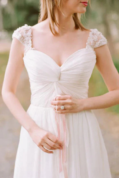 omberprom Elegant A-line Chiffon Cap Sleeves Wedding Dress with Appliques