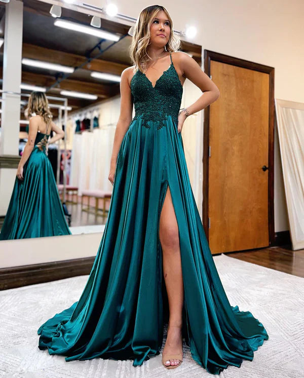 omberprom A-line Evening Dress Spaghetti Straps Corset Back Prom Dress With Split