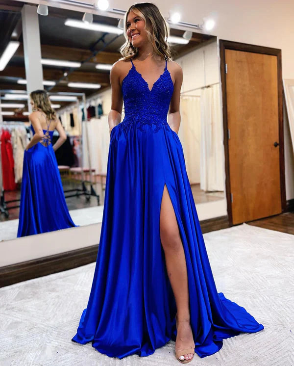 omberprom A-line Evening Dress Spaghetti Straps Corset Back Prom Dress With Split