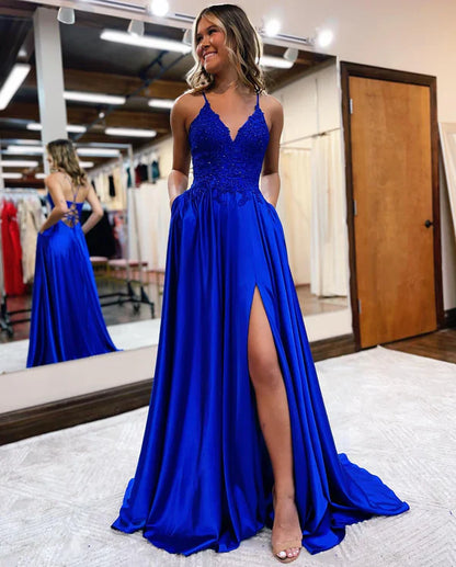 omberprom A-line Evening Dress Spaghetti Straps Corset Back Prom Dress With Split