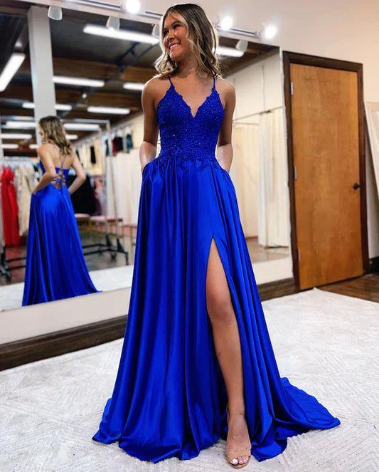 omberprom A-line Evening Dress Spaghetti Straps Corset Back Prom Dress With Split