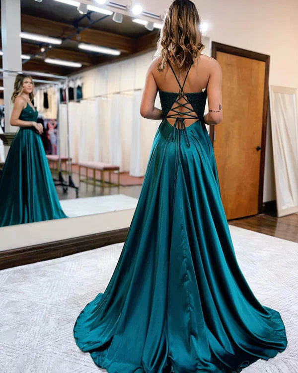 omberprom A-line Evening Dress Spaghetti Straps Corset Back Prom Dress With Split