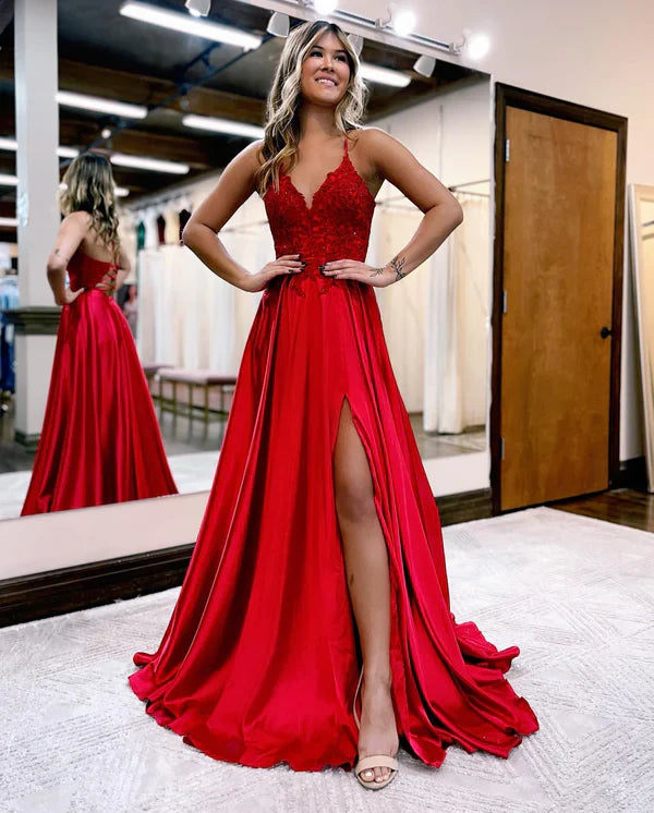 omberprom A-line Evening Dress Spaghetti Straps Corset Back Prom Dress With Split