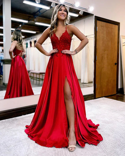 omberprom A-line Evening Dress Spaghetti Straps Corset Back Prom Dress With Split