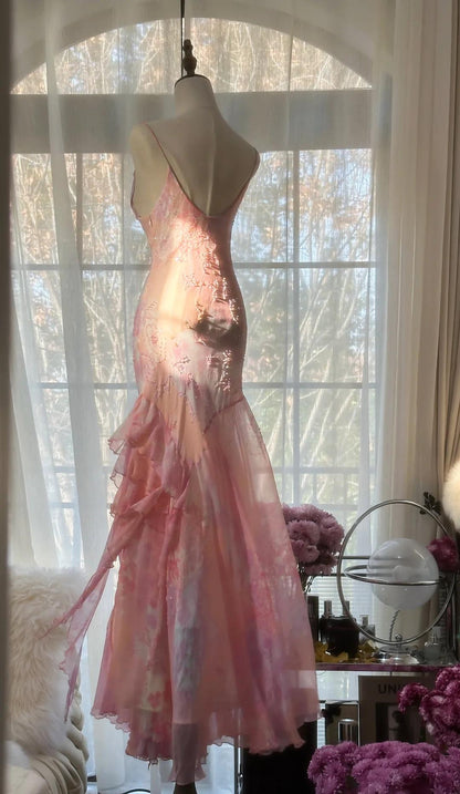 Vintage Pink Floral A-line Spaghetti Strap Irregular Hem Evening Dress Prom Dresses TP3932