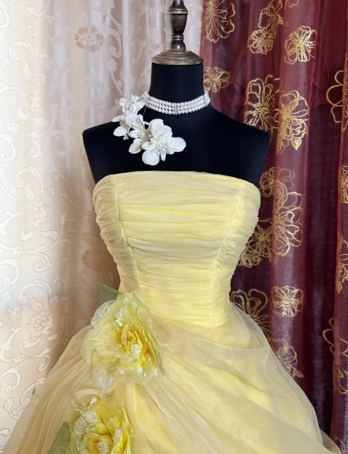 Sweet Strapless Ball Gown Yellow Organza Pleated Birthday Quinceanera Dress With 3D Flowers SP1891