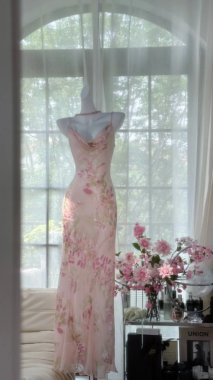 Sweet Pink Delicate Floral Long Chiffon Evening Dress Birthday Party Dress  Y9795