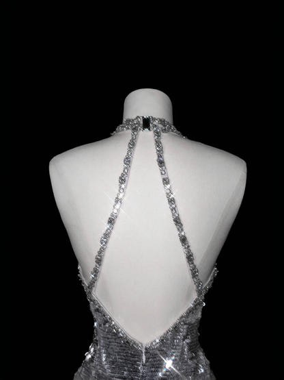 Sparkly Silver Deep V Halter Sequins Beaded Backless Evening Dress,Mermaid Prom Dress Y8687