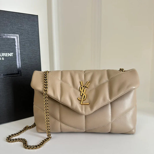 YSL  Loulou Puffer Toy Bag In Quilted Lambskin Beige Size 23x15.5x8.5