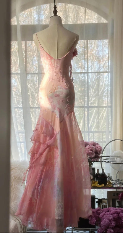 Vintage Pink Floral A-line Spaghetti Strap Irregular Hem Evening Dress Prom Dresses TP3932