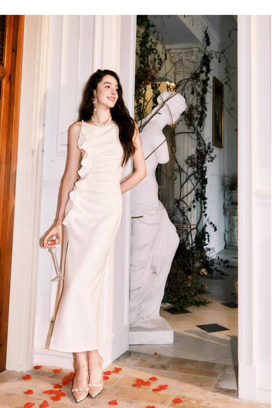 Elegant White Sleeveless Satin Pleated Ruffle slit Long Wedding Guest Dress Formal Birthday Party Dress SP2002