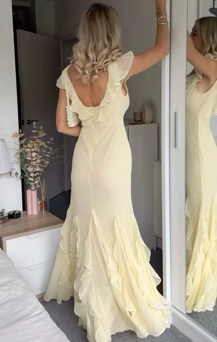 Pretty V Neck Ruffle Long Prom Dress Yellow Formal Party Evening Gown cc2522