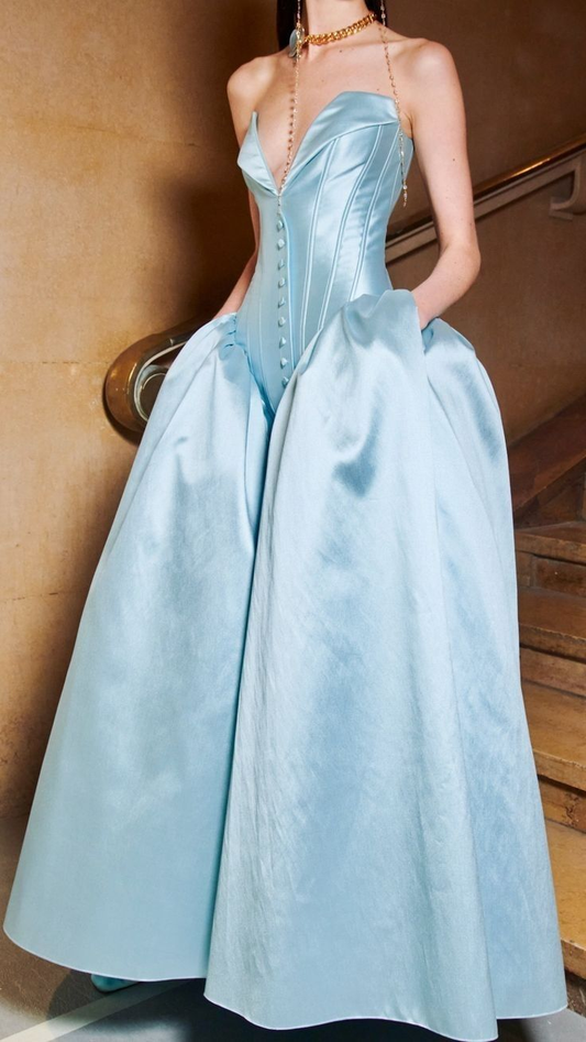 Stylish Sky Blue Strapless Satin A Line Long Party Dress Prom Gown With Pockets