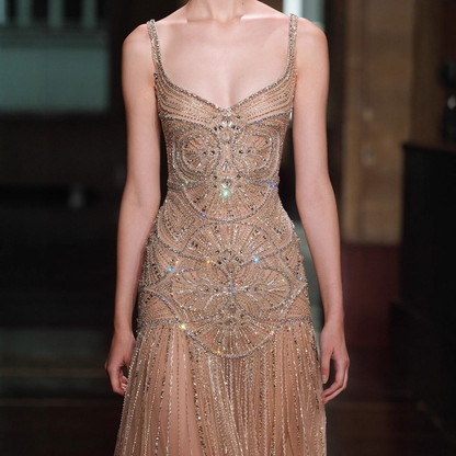 Gorgeous Spaghetti Straps Tulle Beaded Mermaid Long Party Dress Evening Gown
