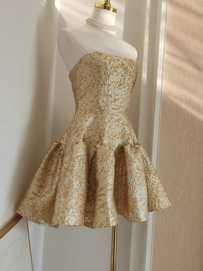 Cute Ball Gown Strapless Travel Vacation Dresses Short Satin Gold Birthday Dress