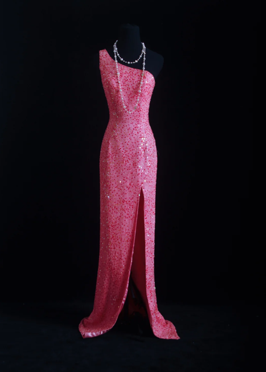 Gorgeous Pink One Shoulder Sequin Beaded Slit Mermaid Long Party Dress Evening Gown