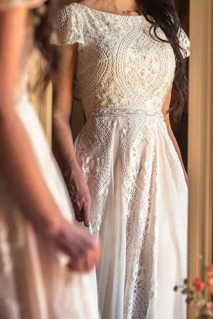 PM091,A Line Lace Beach Wedding Dresses With Short Sleeves, Lace Boho Bridal Gown