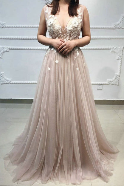 A Line V Neck Champagne Lace Floral Long Prom Dresses,Elegant Lace Formal Graduation Evening Dress