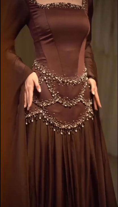 Gorgeous Brown Satin Chiffon Beaded Mermaid Prom Dress Long Party Gown