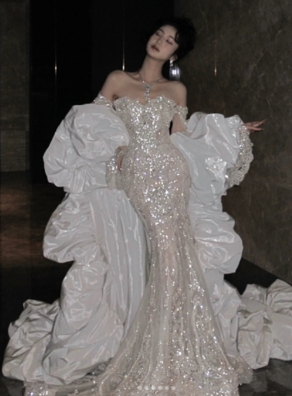 Classy Off The Shoulder Mermaid Evening Dress,White Tulle Sequin Long Party Dress Prom Dress Y8706