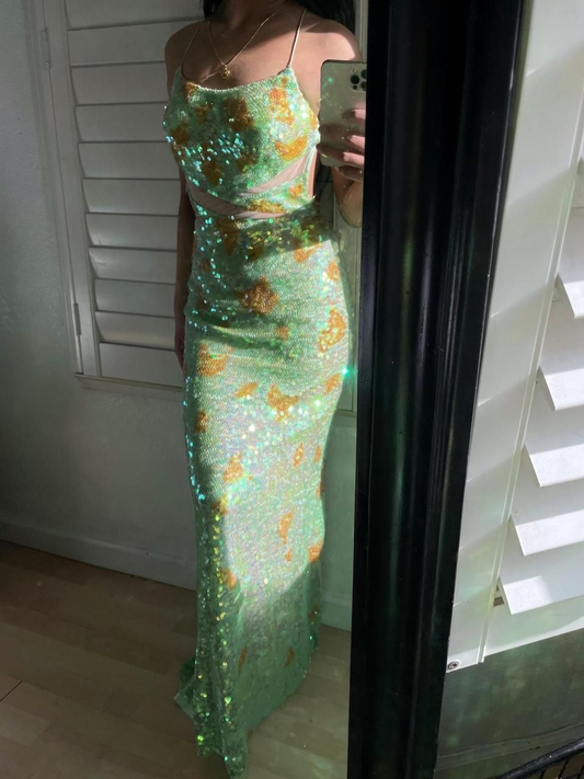 Shiny Spaghetti Straps Mint Green Sequin Mermaid Evening Gown Long Party Dress