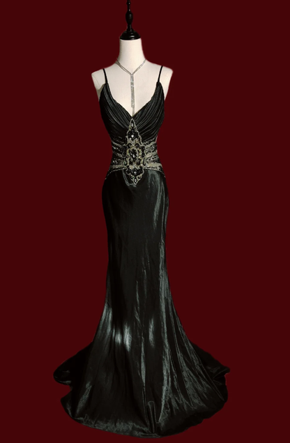 Vintage Black V Neck Satin Beaded Mermaid Evening Dress Formal Birthday Prom Dress SP480