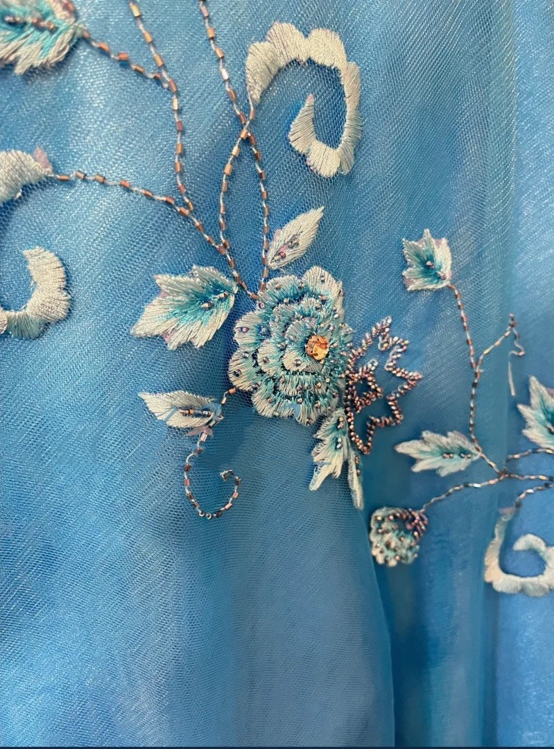 Classy Blue V Neck Satin Embroidery Flowers Beaded Mermaid Party Dress Long Prom Gowns SP411