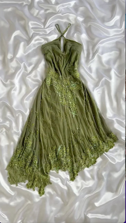Classy Green Chiffon Lace Appliques Beaded Mermaid Evening Dress Long Birthday Prom Gowns SP1805