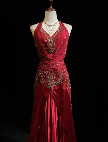 Elegant Halter V Neck Red Satin Beaded Mermaid Prom Dress Long Backless Birthday Party Gowns SP1862
