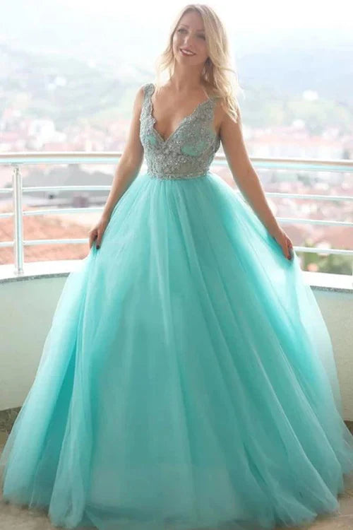 omberprom Fashion A-line V neck Tulle Lace Long Prom Dress Evening Dress