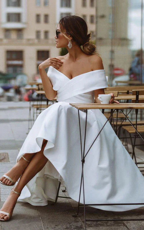 omberprom Elegant A-Line Satin Tea Length Off the Shoulder Wedding Dress Simple Party Dress