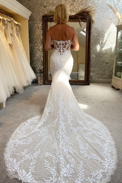 omberprom Elegant Lace Strapless Mermaid Long Wedding Dress Charming Bridal Gown