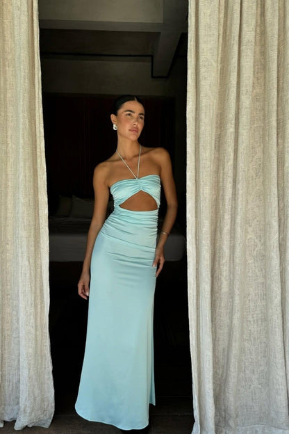 Aqua Blue Bodycon Prom Dress Strapless Design with Waist Cutout