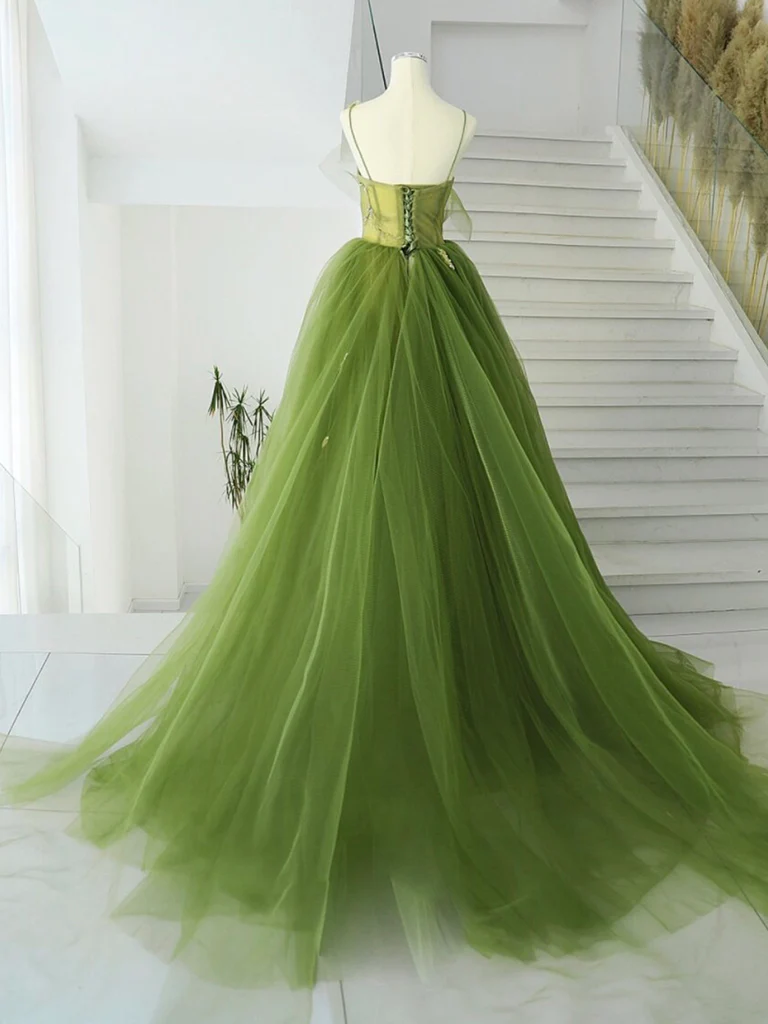A-Line Green Tulle Long Prom Gown B050