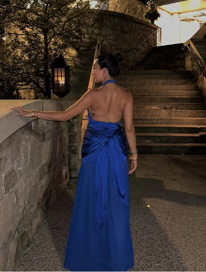 Blue Halter Slit Satin Evening Dress Formal Prom Dress Y7863