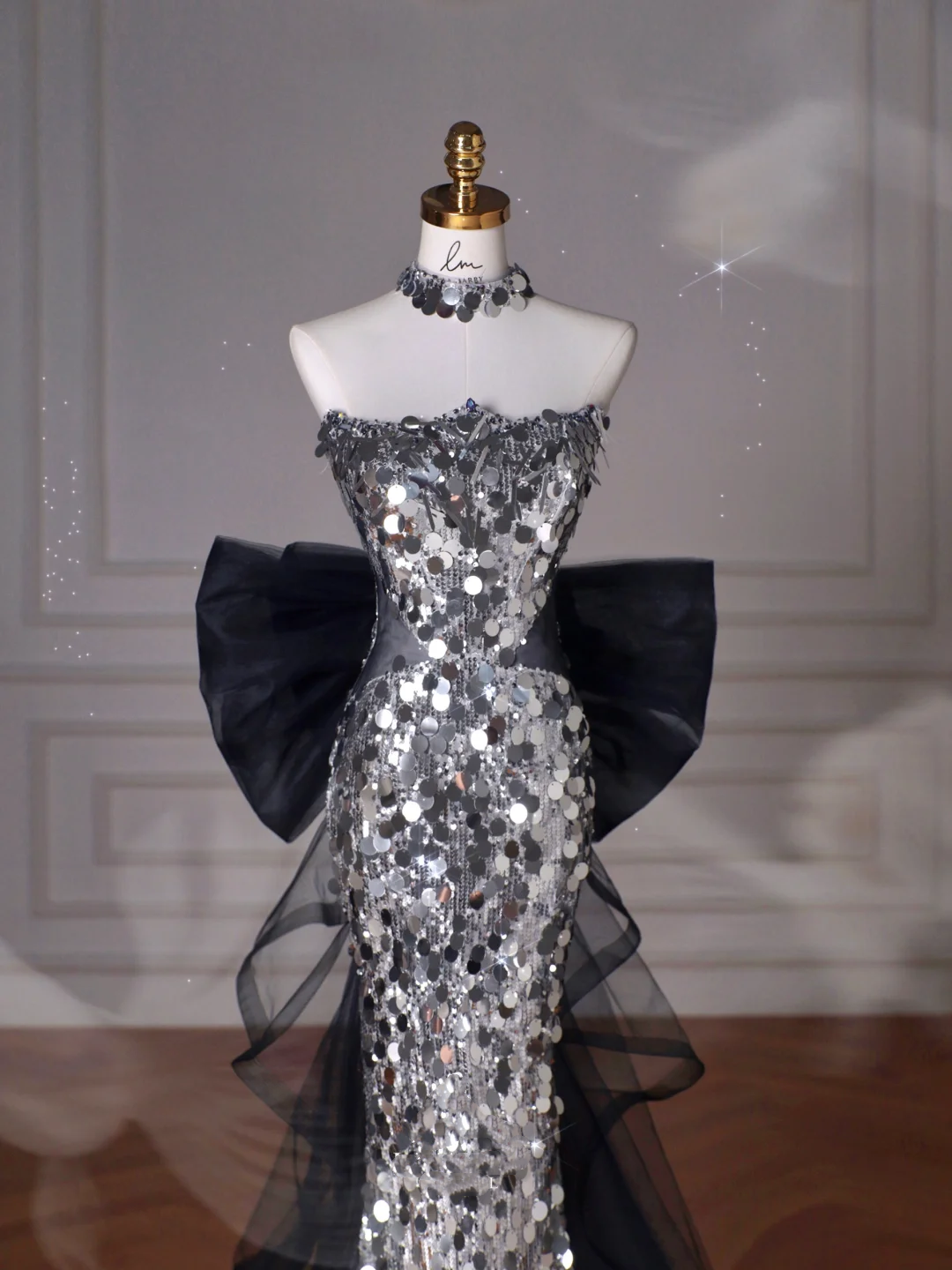 Black Glitter Sequins Tulle Mermaid Prom Dress,Strapless Evening Dress With Bow Y8615