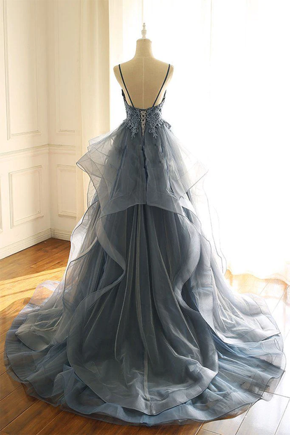 Charming Ball Gown Straps Dusty Blue Lace Long Prom Dress B535