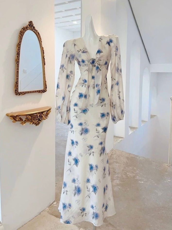 Elegant Ice Blue Rose Chiffon Print Floral Prom Dress,Long Mermaid Evening Dress Y8407