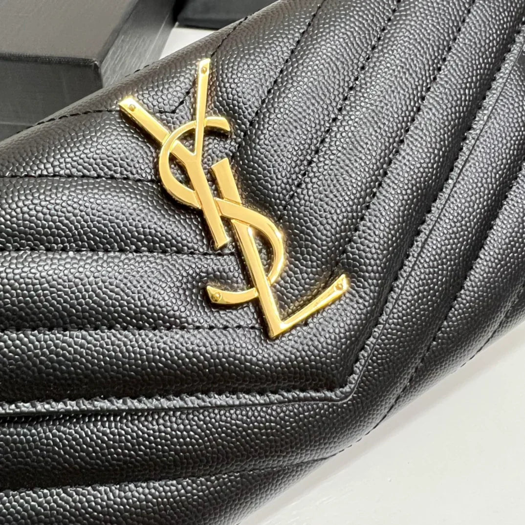 YSL Long Wallet Black Leather Gold Tone 10769 19cm