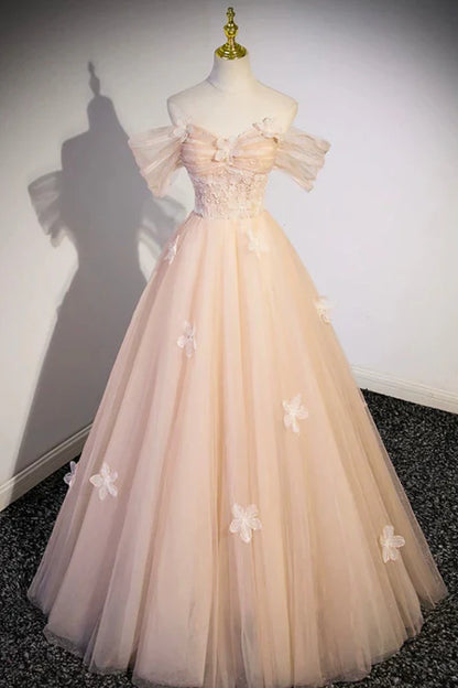 omberprom Cute Flowers Evening Dress Tulle Long Formal Dresses, Off Shoulder Evening Dresses