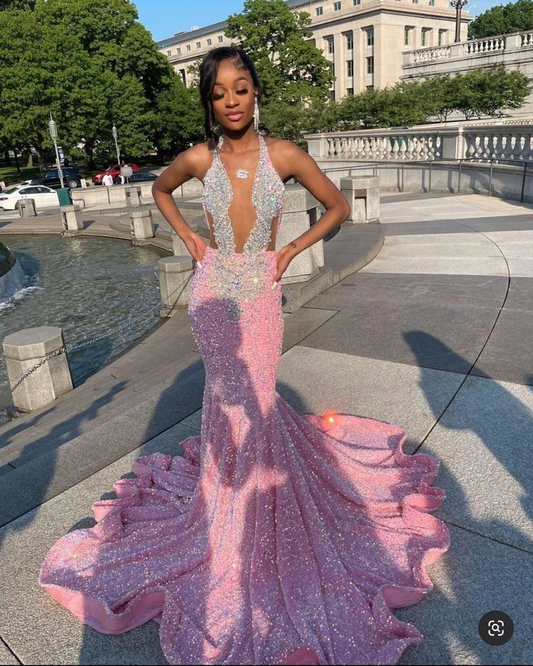 Sparkling pink prom dresses, Sexy sequins mermaid pink prom pageant evening dress Y477