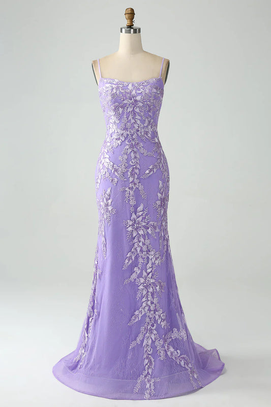 omberprom Lilac Mermaid Long Prom Dress Spaghetti Straps Corset Back with Embroidery