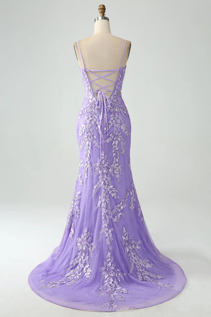 omberprom Lilac Mermaid Long Prom Dress Spaghetti Straps Corset Back with Embroidery