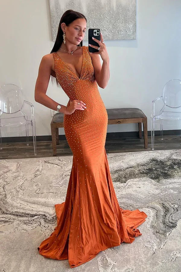 omberprom Mermaid Evening Dress Deep V-Neck Beaded Satin Long Prom Dress