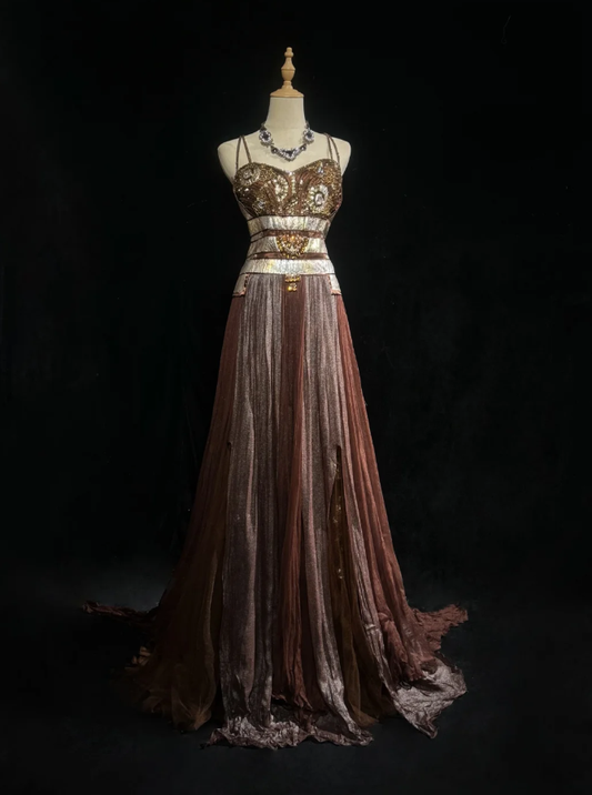 Vintage Spaghetti Straps Satin Beaded A Line Long Party Dress Formal Birthday Evening Gown