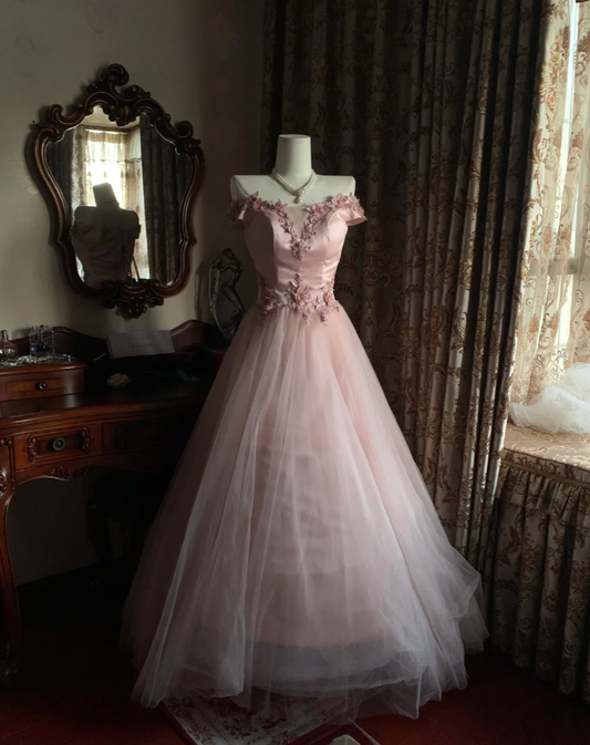 Sweet Pink Off The Shoulder Satin Tulle Appliques Long Birthday Party Dress Prom Gown